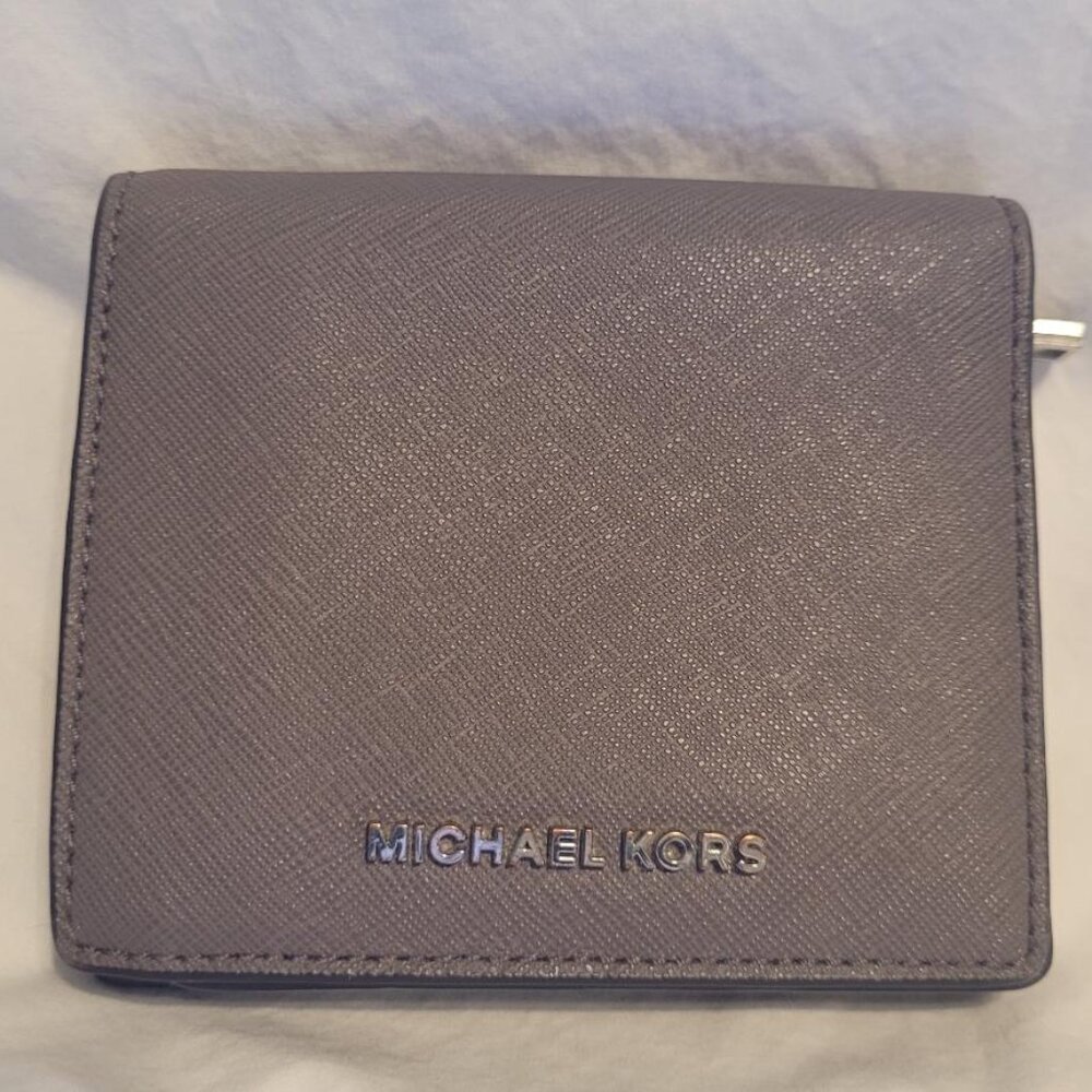 Michael Kors Saffiano Leather Compact Wallet-Taupe with Silver Hardware